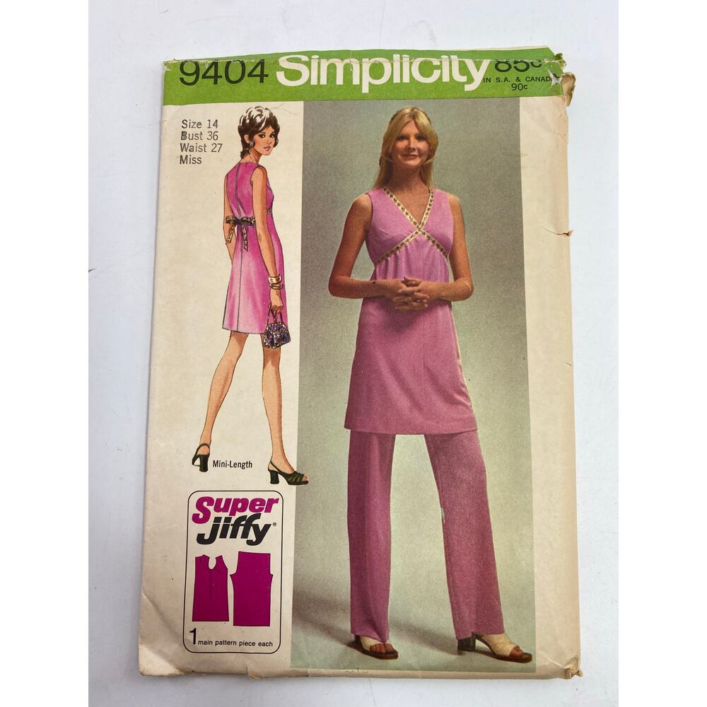 Simplicity 9404 Vintage 1971 Super Jiffy Mini Dress & Pants Pattern Cut Complete